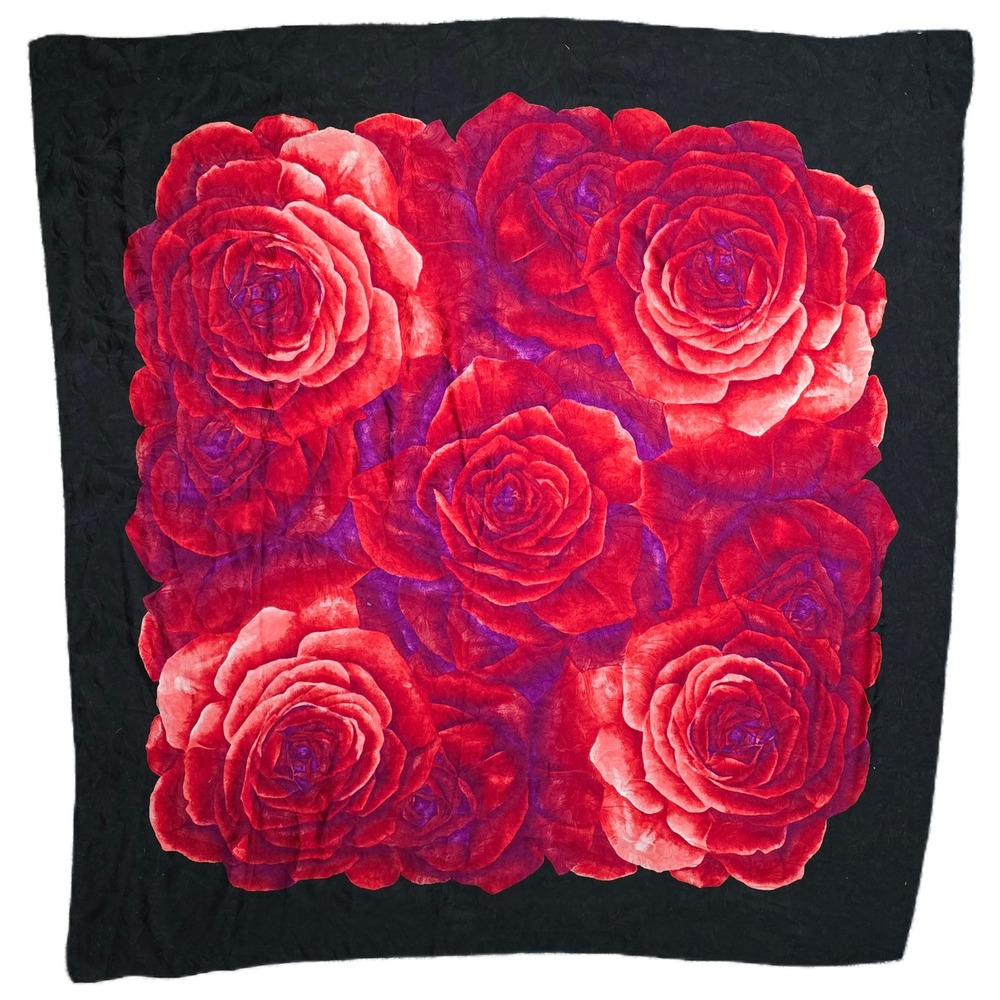 Floral Scarf Black Red Roses Italian Made Polyester Square Neck Head Wrap (W)